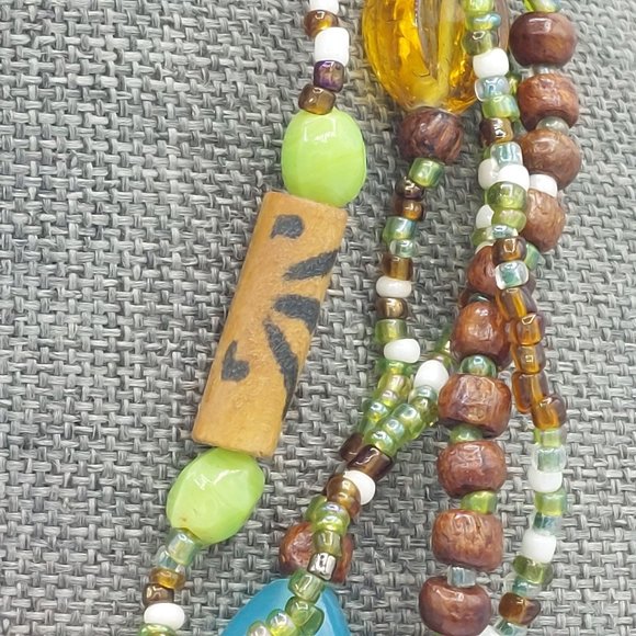 Multi Strand Necklace Colorful Green Brown Wood Glass Plastic Beaded Beads Boho - Picture 4 of 9